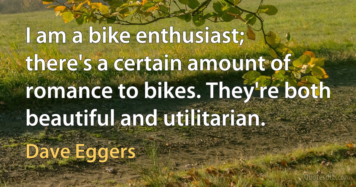 I am a bike enthusiast; there's a certain amount of romance to bikes. They're both beautiful and utilitarian. (Dave Eggers)