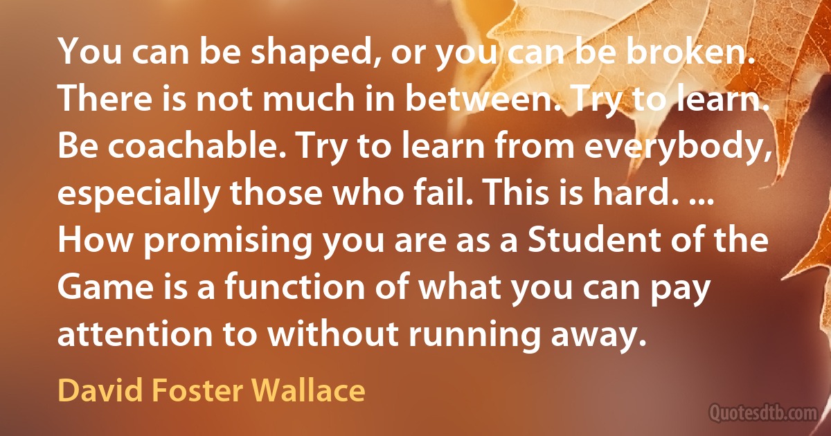 You can be shaped, or you can be broken. There is not much in between. Try to learn. Be coachable. Try to learn from everybody, especially those who fail. This is hard. ... How promising you are as a Student of the Game is a function of what you can pay attention to without running away. (David Foster Wallace)