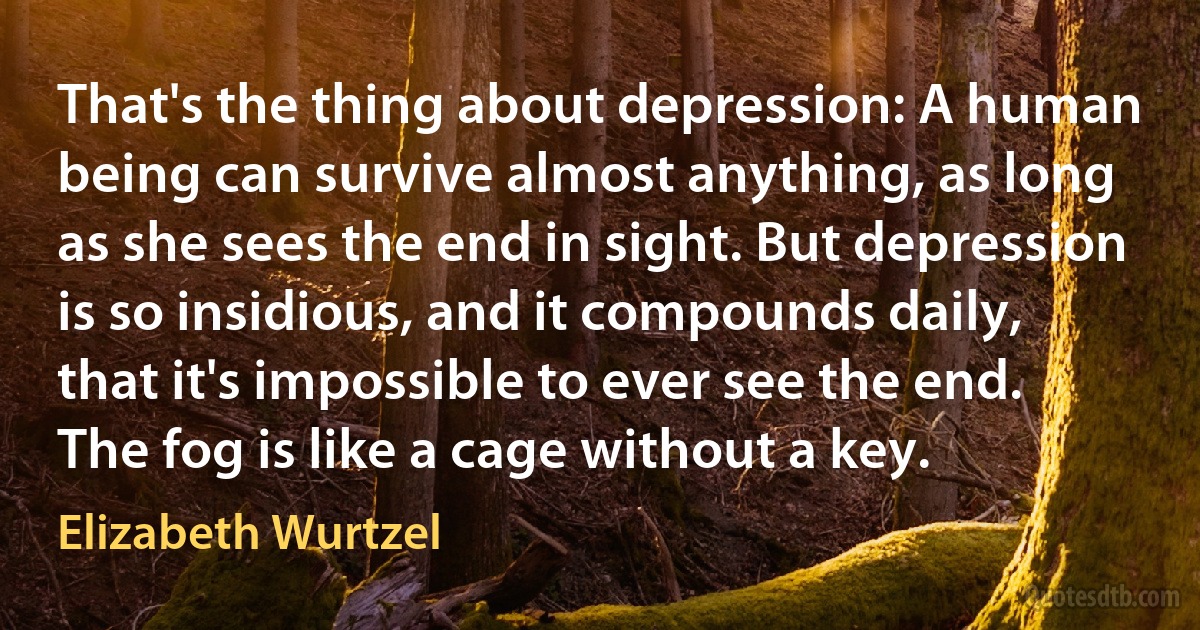 That's the thing about depression: A human being can survive almost anything, as long as she sees the end in sight. But depression is so insidious, and it compounds daily, that it's impossible to ever see the end. The fog is like a cage without a key. (Elizabeth Wurtzel)