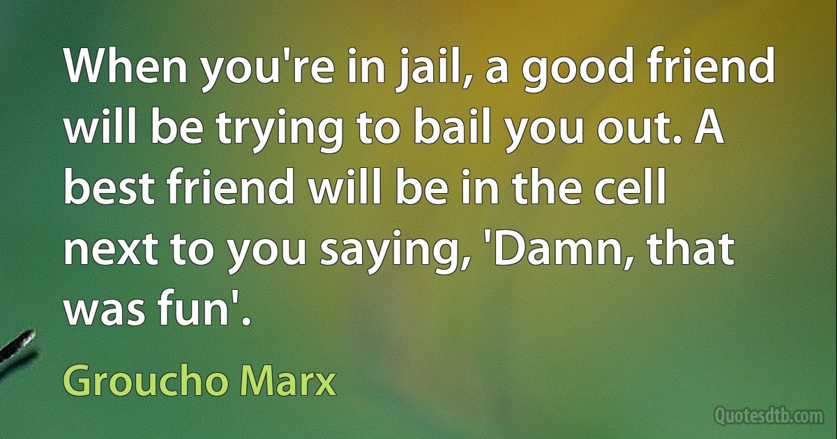 When you're in jail, a good friend will be trying to bail you out. A best friend will be in the cell next to you saying, 'Damn, that was fun'. (Groucho Marx)