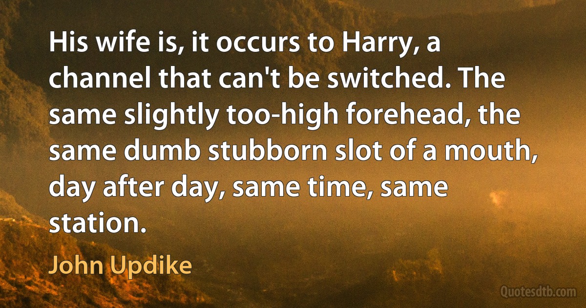 His wife is, it occurs to Harry, a channel that can't be switched. The same slightly too-high forehead, the same dumb stubborn slot of a mouth, day after day, same time, same station. (John Updike)