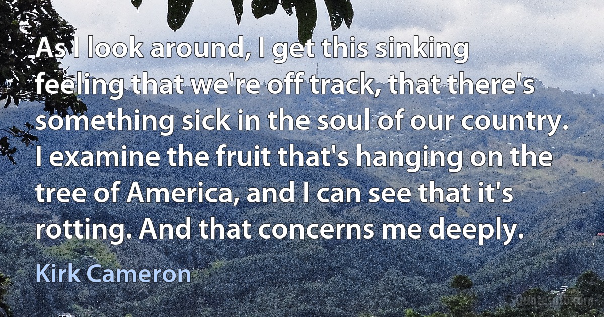 As I look around, I get this sinking feeling that we're off track, that there's something sick in the soul of our country. I examine the fruit that's hanging on the tree of America, and I can see that it's rotting. And that concerns me deeply. (Kirk Cameron)