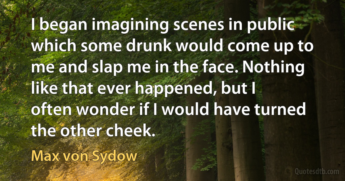 I began imagining scenes in public which some drunk would come up to me and slap me in the face. Nothing like that ever happened, but I often wonder if I would have turned the other cheek. (Max von Sydow)