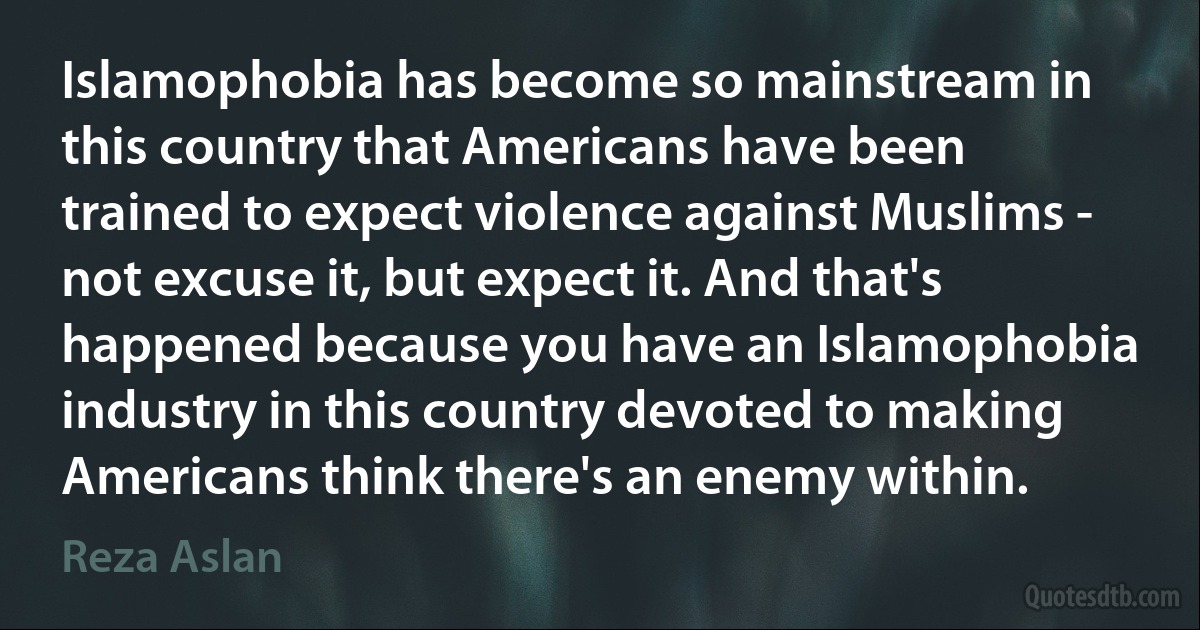 Islamophobia has become so mainstream in this country that Americans have been trained to expect violence against Muslims - not excuse it, but expect it. And that's happened because you have an Islamophobia industry in this country devoted to making Americans think there's an enemy within. (Reza Aslan)