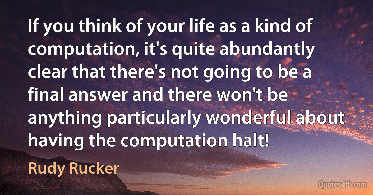 If you think of your life as a kind of computation, it's quite abundantly clear that there's not going to be a final answer and there won't be anything particularly wonderful about having the computation halt! (Rudy Rucker)