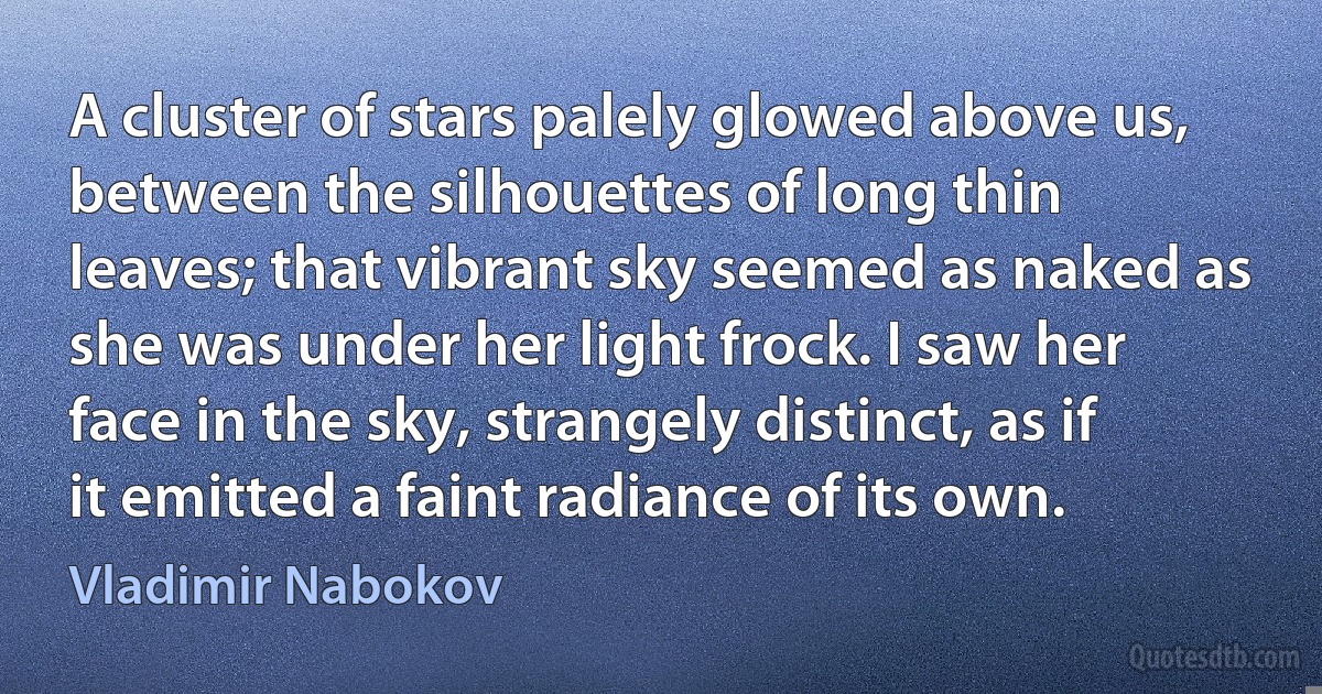 A cluster of stars palely glowed above us, between the silhouettes of long thin leaves; that vibrant sky seemed as naked as she was under her light frock. I saw her face in the sky, strangely distinct, as if it emitted a faint radiance of its own. (Vladimir Nabokov)