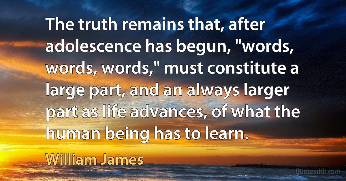 The truth remains that, after adolescence has begun, "words, words, words," must constitute a large part, and an always larger part as life advances, of what the human being has to learn. (William James)