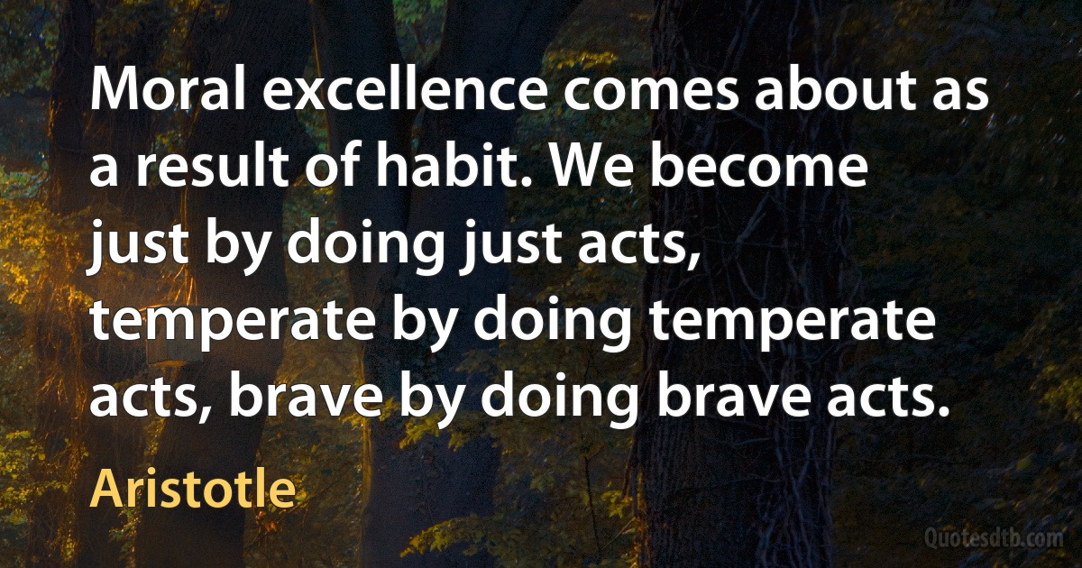 Moral excellence comes about as a result of habit. We become just by doing just acts, temperate by doing temperate acts, brave by doing brave acts. (Aristotle)