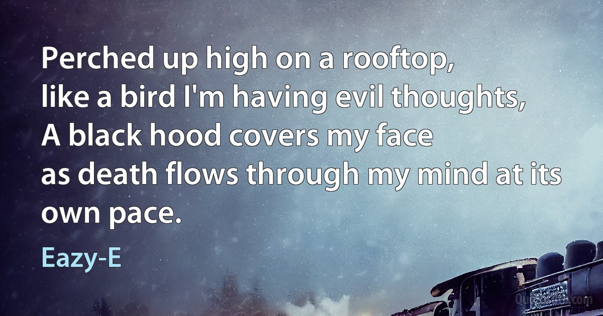 Perched up high on a rooftop,
like a bird I'm having evil thoughts,
A black hood covers my face
as death flows through my mind at its own pace. (Eazy-E)