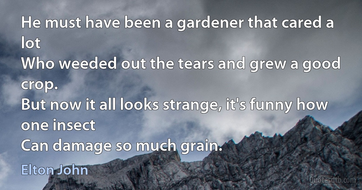 He must have been a gardener that cared a lot
Who weeded out the tears and grew a good crop.
But now it all looks strange, it's funny how one insect
Can damage so much grain. (Elton John)