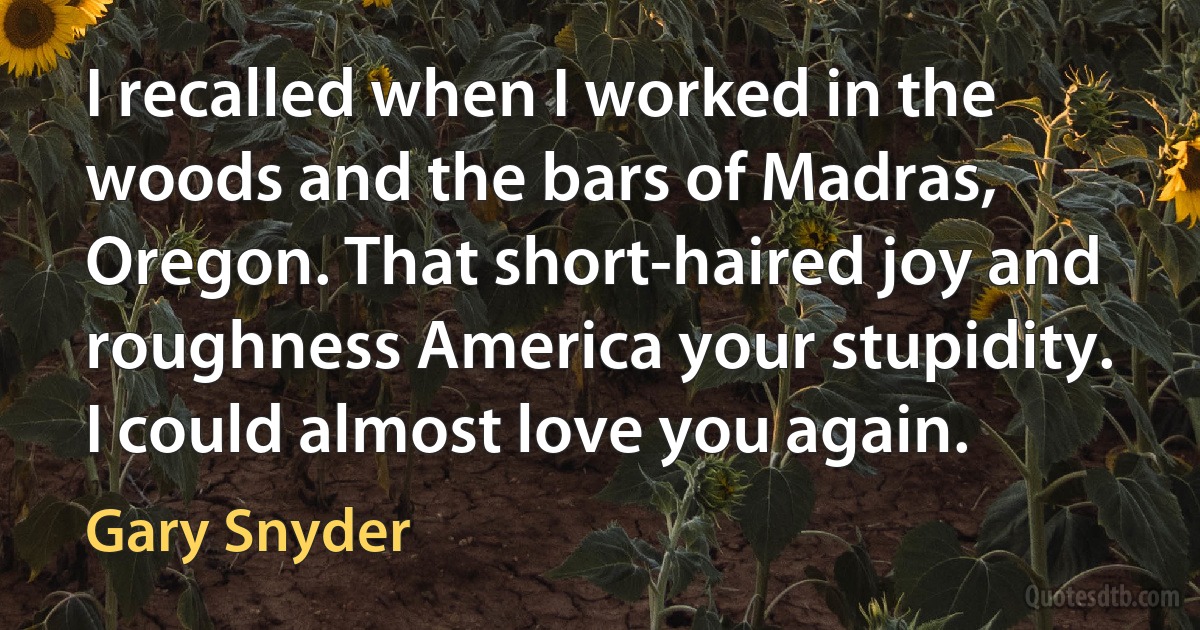 I recalled when I worked in the woods and the bars of Madras, Oregon. That short-haired joy and roughness America your stupidity. I could almost love you again. (Gary Snyder)