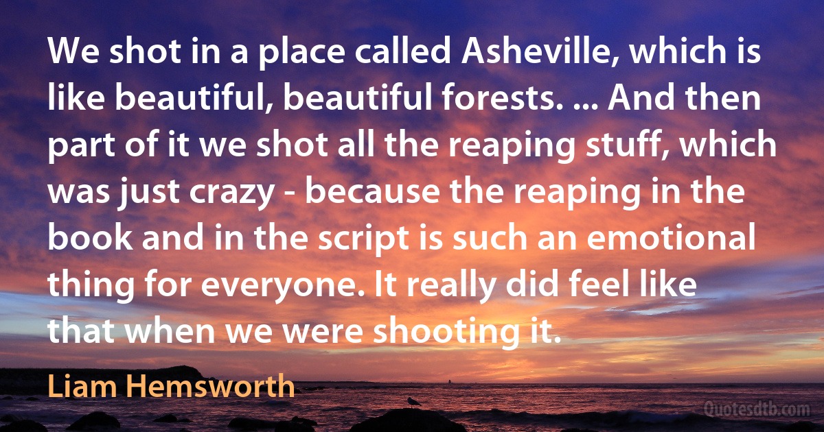 We shot in a place called Asheville, which is like beautiful, beautiful forests. ... And then part of it we shot all the reaping stuff, which was just crazy - because the reaping in the book and in the script is such an emotional thing for everyone. It really did feel like that when we were shooting it. (Liam Hemsworth)